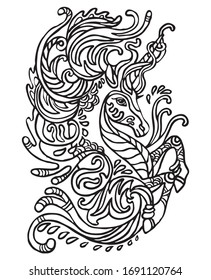 Antiestrés colorante de doodle vectorial con unicornio de agua aislado en fondo blanco. Ilustración para decorar el pantalones de té, papel, libro de colorantes antiestrés para adultos.Ilustración de material