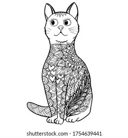 Dibujo de ilustraciones de gatos blancos negros dibujados a mano por zentangle vectorial para camisetas impresas coloridas libros 