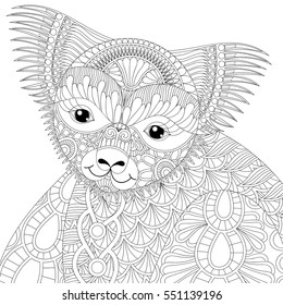 Vector zentangle happy friendly koala for adult anti stress coloring page, book, Australian marsupial bear for art therapy, mascot, tribal tattoo art, greeting card. Hand drawn patterned illustration.