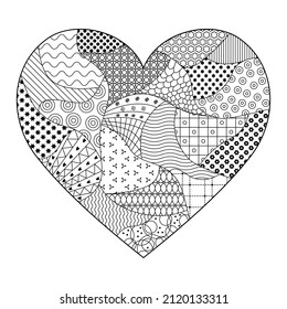 Vektorzentwinkelgrafik. Farbbuch für Erwachsene und Kinder, um Stress zu lindern, zu entspannen und sich zu entspannen. Kunstdesign aus Doodles, Mustern und Texturen. Herz im zentangle-Stil, Design-Element