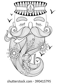 Vector zentangle old sailor, seaman smoking  pipe, captain, fisherman, sea-dog illustration for adult anti stress coloring page. Hand drawn artistically ornamental patterned portrait, sea collection.