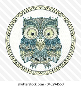 Vector zentangle owl illustration. Ornate patterned bird. Picture for coloring. Symbol for printing.