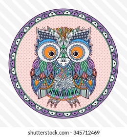Vector zentangle owl illustration. Ornate patterned bird. Picture for coloring. Symbol for printing.