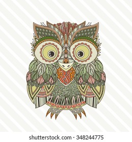 Vector zentangle owl illustration. Ornate patterned bird. Picture for coloring. Symbol for printing.