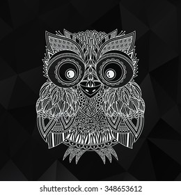 Vector zentangle owl illustration. Ornate patterned bird. Picture for coloring. Symbol for printing.