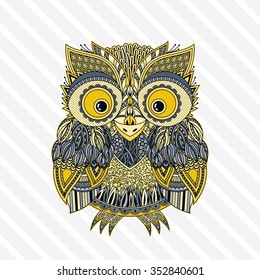 Vector zentangle owl illustration. Ornate patterned bird. Picture for coloring. Symbol for printing.