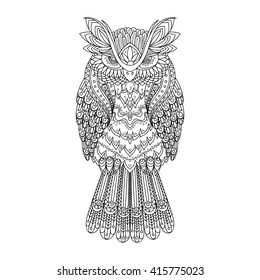 Vector zentangle owl illustration. Ornate patterned bird. Picture for coloring. Simbol for printing.