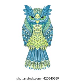 Vector zentangle owl illustration. Ornate patterned bird. Picture for coloring. Simbol for printing.
