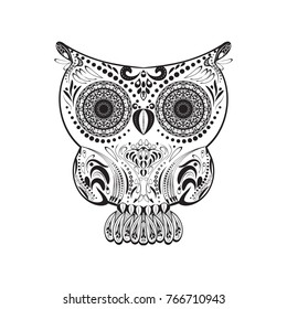 Vector zentangle owl illustration. Ornate patterned bird. Simbol for printing
