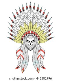 Vector zentangle Owl with War Bonnet. American native headdress with color feathers for adult coloring pages, ethnic patterned t-shirt print, tattoo design. Boho chic style. Doodle Illustration.