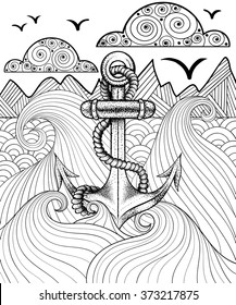 Vector zentangle print for adult coloring page. Hand drawn artistically ethnic ornamental patterned sea anchor.