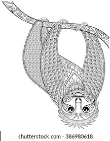 Vector zentangle Sloth print for adult coloring page. Hand drawn isolated sketch for tattoo, posters, t-shirt design.