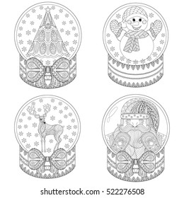 Vector zentangle snow globes with Christmas tree, Santa, snowmen, reindeer. Hand drawn ethnic decorative snowglobe for adult coloring book. Illustration for New Year 2017