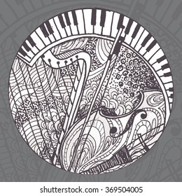 Vector Zentangle stylized abstract Music Background, Collage with musical instruments.  Hand Drawn doodle tribal zenart illustration on gray background. Sketch for tattoo. Engraving.