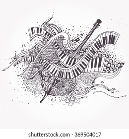 Vector Zentangle stylized abstract Music Background, Collage with musical instruments.  Hand Drawn doodle tribal zenart illustration on white background. Sketch for tattoo. Engraving.