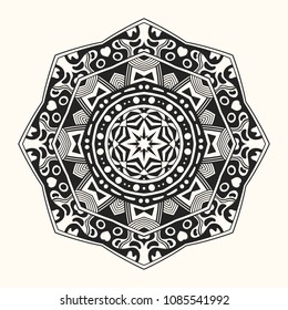 Vector zentangle template. Creative circular ornament. Round symmetrical pattern. Decorative round mandala. Floral decoration pattern. Arabic, indian, pakistan, chinese, mystic, ottoman motifs.