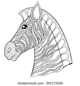 Vector zentangle Zebra Head illustration, Horse print for adult anti stress coloring page. Hand drawn artistically ornamental patterned decorative animal for tattoo, boho design