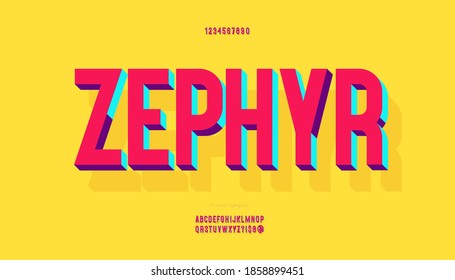 Vector zephyr font 3d bold colorful style modern typography for motion graphics, video, promotion, decoration, logotype, party poster, t shirt, book, animation, banner, game, printing. 10 eps