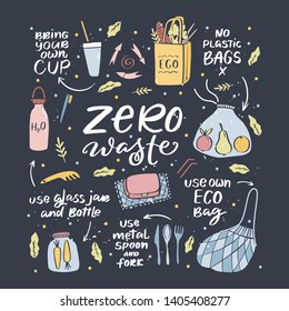Vector Zero waste handdrawn icon set isolated on white background. Eco lifestyle. No plastic