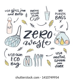 Vector Zero waste handdrawn icon set isolated on white background. Eco lifestyle. No plastic
