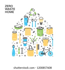 Vector Zero Waste Home icon template set. No Plastic and Go Green concept, banner. Eco lifestyle sign and symbol poster collection. Color line icon illustration of  Refuse Reduce Reuse Recycle Rot