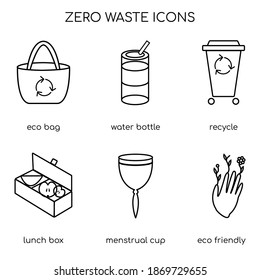 Vector Zero Waste icons design template set. Linear icon illustration of Refuse Reduce Reuse Recycle Rot. No Plastic and Go Green. Еco lifestyle sign and symbol collection.