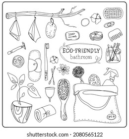 Vector zero waste illustration. Eco friendly bathroom items set, hand drawn in outline doodle style. Hygiene items and houseplants isolated on white backgroun.Environmental protection