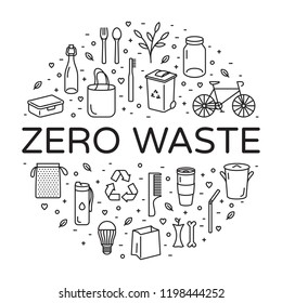 Vector Zero Waste logo design template set. Linear icon illustration of  Refuse Reduce Reuse Recycle Rot. No Plastic and Go Green background in circle form. Еco lifestyle sign and symbol collection