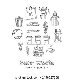 Vector Zero Waste logo design template set. Hand drawn doodle set. Vector illustration. Isolated elements on white background. Symbol collection.