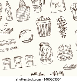 Vector Zero Waste logo design template set. Hand drawn doodle pattern. Vector illustration. Isolated elements on chalkboard background. Symbol collection.
