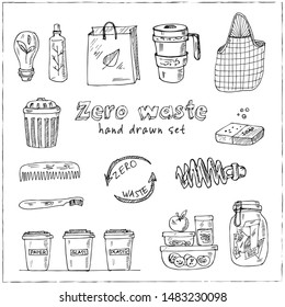 Vector Zero Waste logo design template set. Hand drawn doodle set. Vector illustration. Isolated elements on white background. Symbol collection.