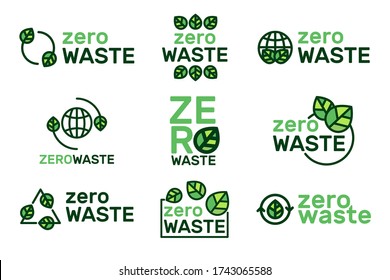 Vector Zero Waste logo set. Green zero waste badge collection isolated on white background. Icons for natural and organic ecological products in trendy line style, abstracr, modern sighn