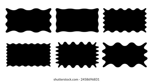 Vector Zig zag Wavy Edge Rectangle Shapes Set. Jagged Geometric Rectangular Elements Black on White Background. Abstract Frames for Template, Stickers, Web Design,Text and Social Media eps 10