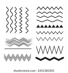 Vector zigzag lines and waves, wavy pattern. Squiggle zig zag frame with wiggle. Curvy undulate parallel borders. Design of squiggly seamless water graphic brushes. Curve sinuous stroke with sine