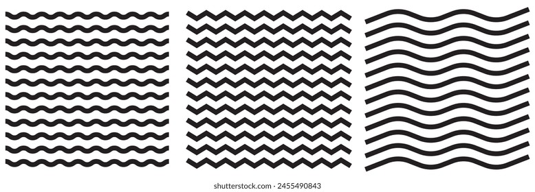 Vector zigzag lines and waves, wavy pattern. Squiggle zig zag frame with wiggle. Curvy undulate parallel borders. Curve sinuous stroke with sine. Design of squiggly seamless water graphic brushes.