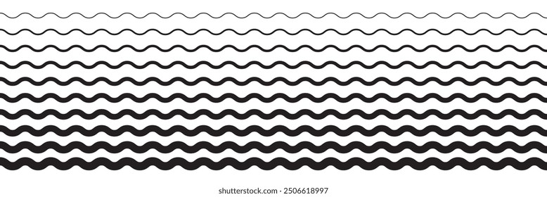 Vector líneas en zigzag y ondas, patrón ondulado. Squiggle zig zag marco con el movimiento. Fronteras paralelas onduladas y curvas. Trazo sinuoso de curva con seno. Diseño de pinceles gráficos de agua sin costuras.