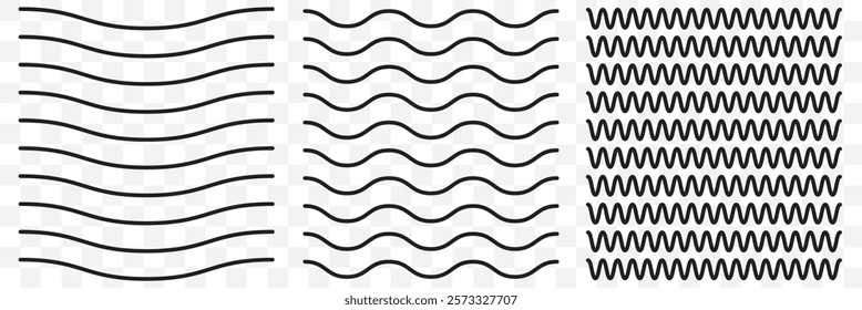 Vector zigzag lines and waves, wavy pattern. Squiggle zig zag frame with wiggle. Curvy undulate parallel borders. Design of squiggly seamless water graphic brushes. Curve sinuous stroke with sine.