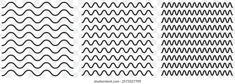 Vector zigzag lines and waves, wavy pattern. Squiggle zig zag frame with wiggle. Curvy undulate parallel borders. Design of squiggly seamless water graphic brushes. Curve sinuous stroke with sine.