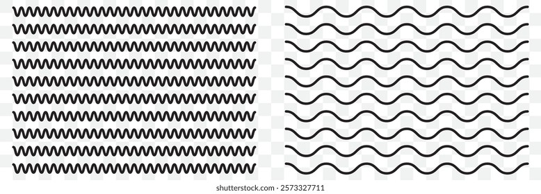 Vector zigzag lines and waves, wavy pattern. Squiggle zig zag frame with wiggle. Curvy undulate parallel borders. Design of squiggly seamless water graphic brushes. Curve sinuous stroke with sine.