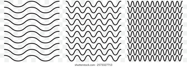 Vector zigzag lines and waves, wavy pattern. Squiggle zig zag frame with wiggle. Curvy undulate parallel borders. Design of squiggly seamless water graphic brushes. Curve sinuous stroke with sine.