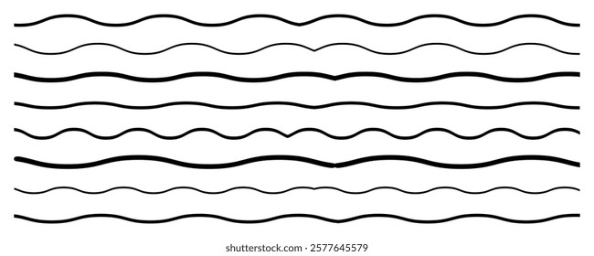 Vector zigzag lines and wavy pattern. Design of squiggly seamless water graphic Vector black underlines, 