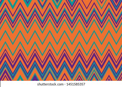 Vector zigzag pattern. Chevron background. Orange, purple and green color. 