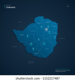 Vector Zimbabwe map illustration with blue neon lightpoints - triangle on dark blue gradient background. Administrative divisions, cities, borders, capital. Neon tech background with glow. 