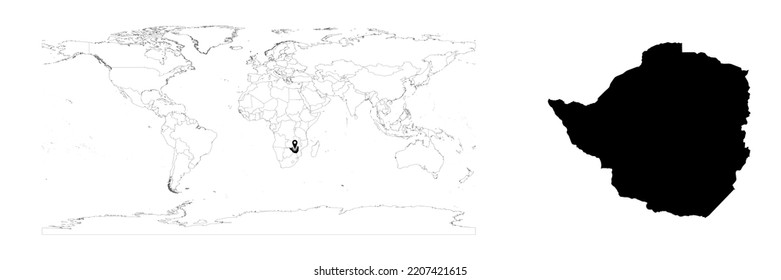 Vector Zimbabwe map showing country location on world map and solid map for Zimbabwe on white background. File is suitable for digital editing and prints of all sizes.