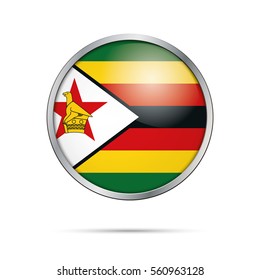 Vector Zimbabwean flag button. Zimbabwe flag glass button style with metal frame.
