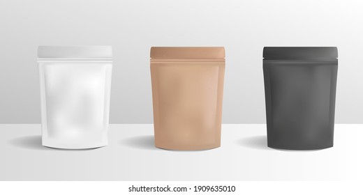 Paquete de papel Vector Zip. Bolsitas en blanco, caja de papel, mofa de paquete aislada sobre fondo blanco. Diseño del paquete de café. Plantilla en blanco de la bolsa de cierre de comida. Bolsas realistas de papel blanco, marrón y negro.