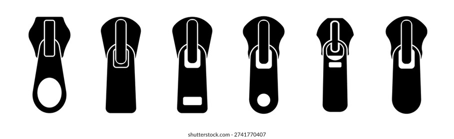 Vector zipper fastener element. Zip vector.  Various black zipper puller icons