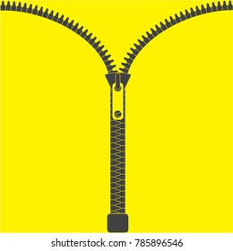 Vector zipper, fastener vector. Zipper isolated on yellow background. Fashion fastener, zipper for cloth. Flat design. Vector illustration EPS10. 
