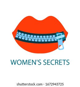 Vector zipper lock icon on top of the silhouette of scarlet full female lips. Text female secrets. Isolated white background, flat style illustration. Design element for logo, label, web banner, card svg