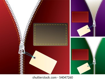 vector zipper with tag in three color variations
